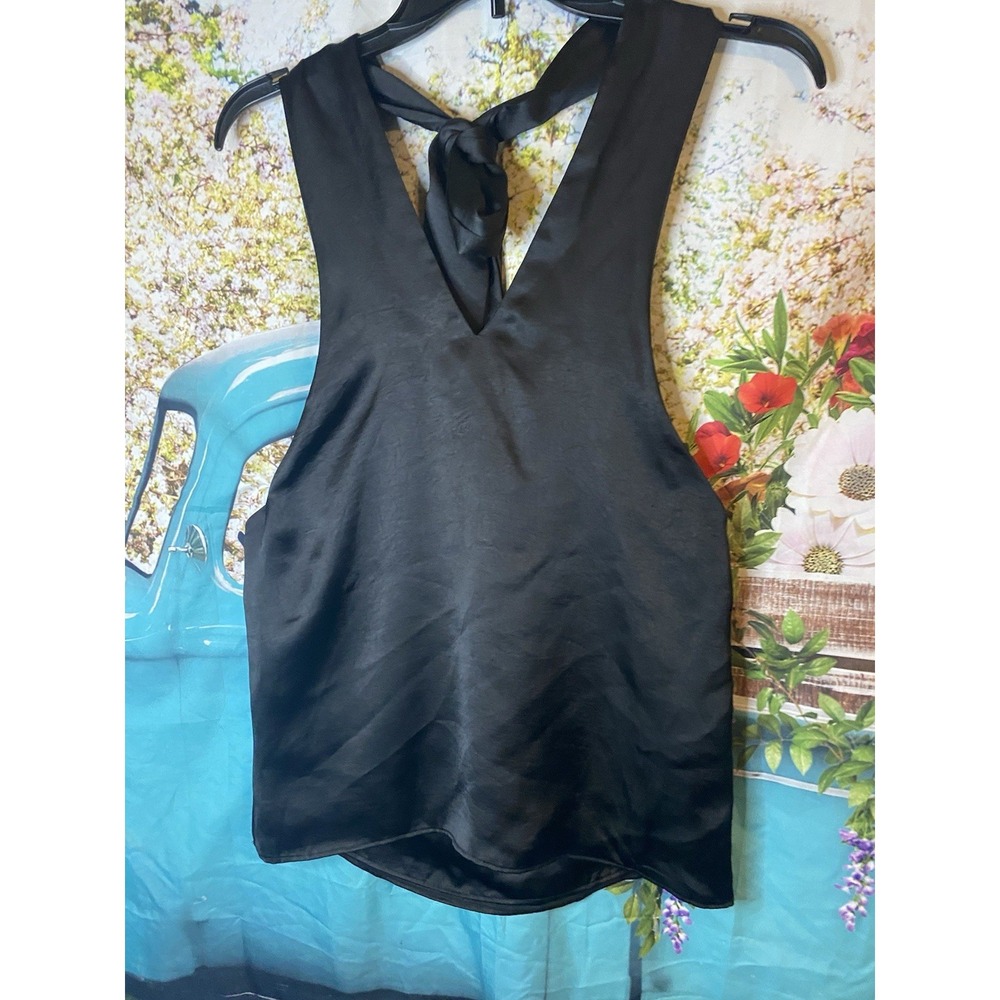 Zara Satin‎ Effect Black CARITA Bow Tie In Back V-Neck Top Size Medium